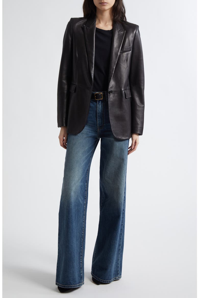 Belmonde One-Button Lambskin Leather Blazer, Alternate, color, BLACK