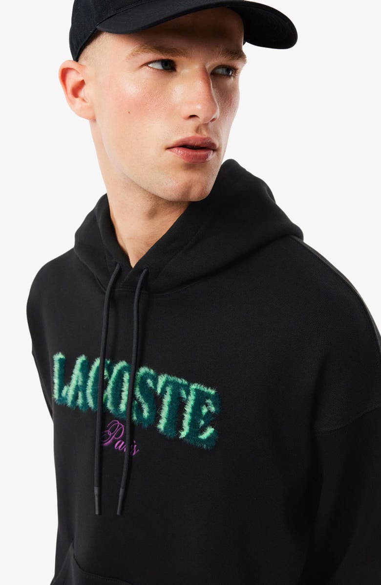Lacoste Loose Fit Fuzzy Logo Cotton French Terry Hoodie, Alternate, color, Black