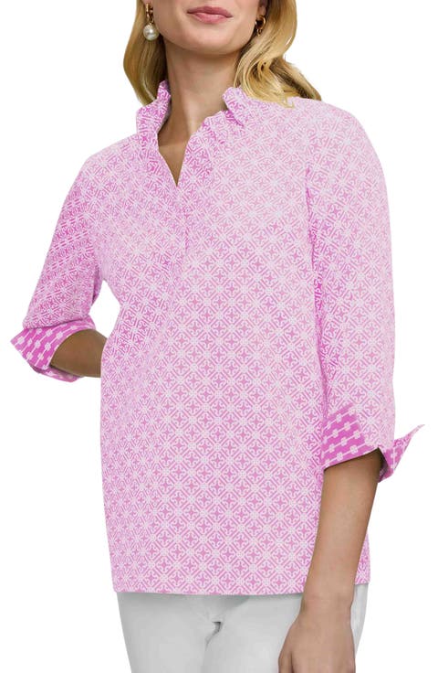 Tammy Geo Lattice Print Ruffle Collar Top