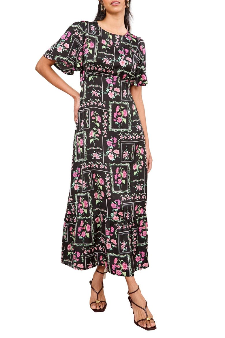 Floral Print Flutter Sleeve Maxi Dress, Main, color, BLACK
