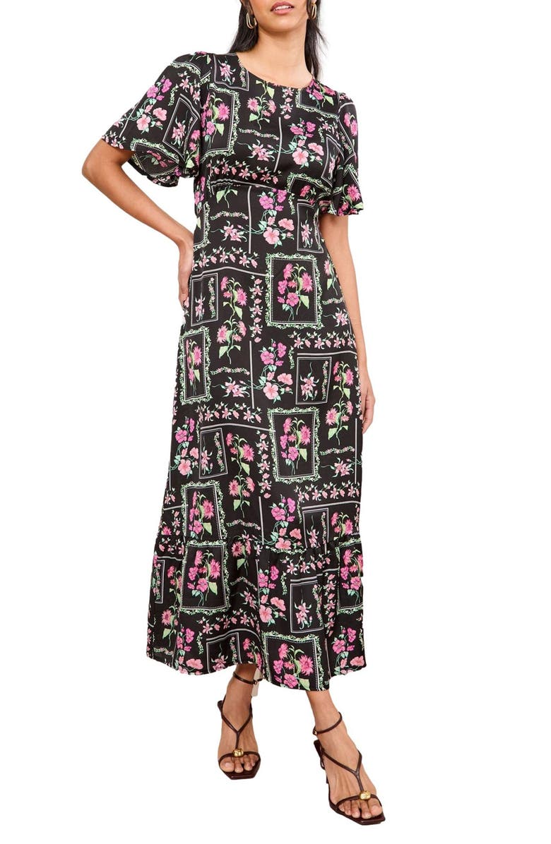 Friends Like These Floral Print Flutter Sleeve Maxi Dress, Main, color, Black
