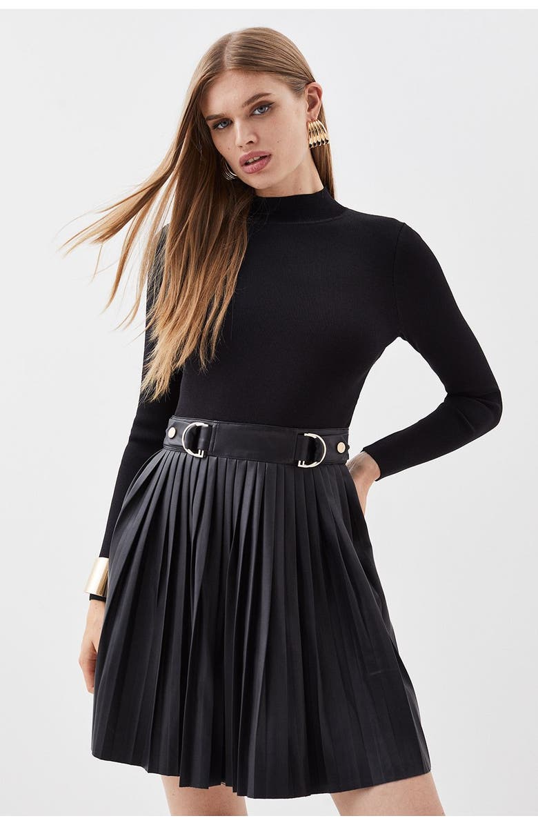 Karen Millen Knitted Top Pleated Skater Dress, Main, color, Black