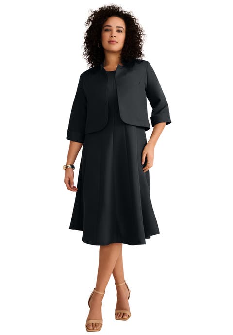 Extended Plus Size Elbow Sleeve Fit And Flare Dress With Bolero Jacket 2 Piece Suit