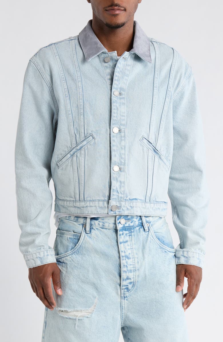 PURPLE BRAND Contrast Collar Denim Trucker Jacket, Alternate, color, Light Indigo