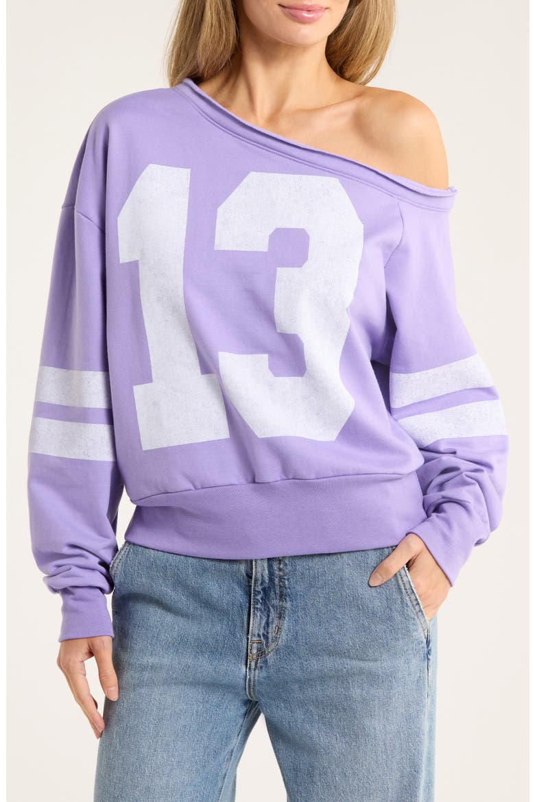 Varsity Off Shoulder Sweatshirt, Main, color, PURPLE