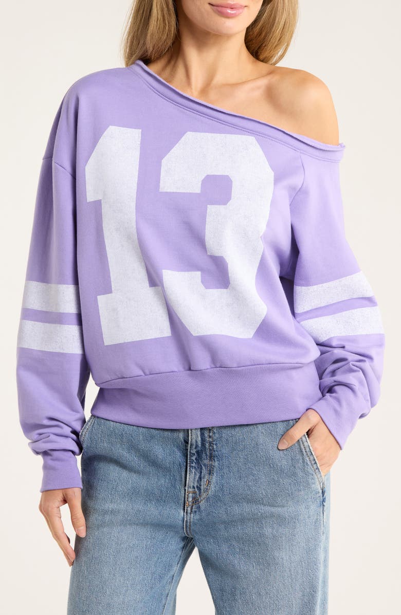Philcos Varsity Off Shoulder Sweatshirt, Main, color, Purple