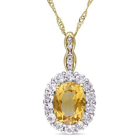 Gemstone & Diamond Oval Halo Necklace 14K