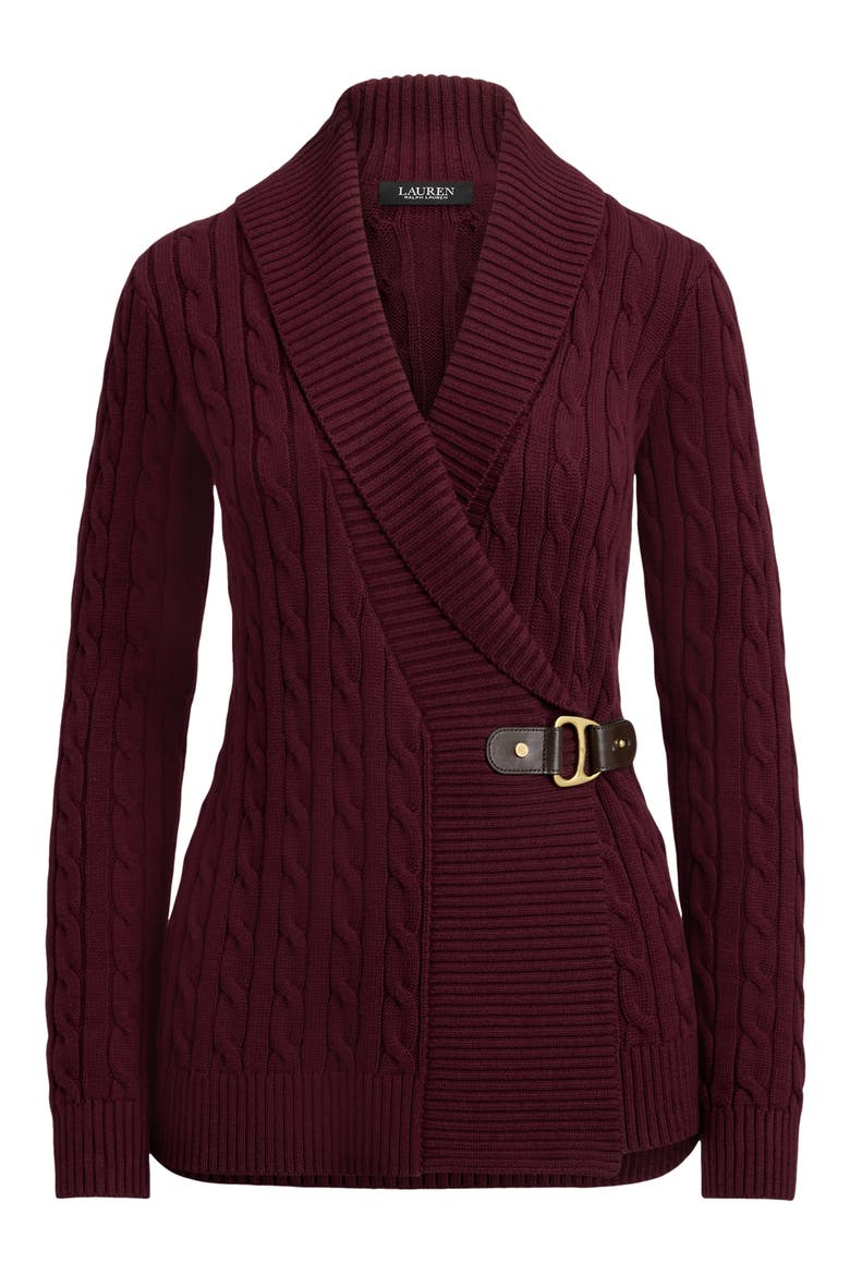 Cable Stitch Cotton Wrap Cardigan, Alternate, color, DARK GARNET