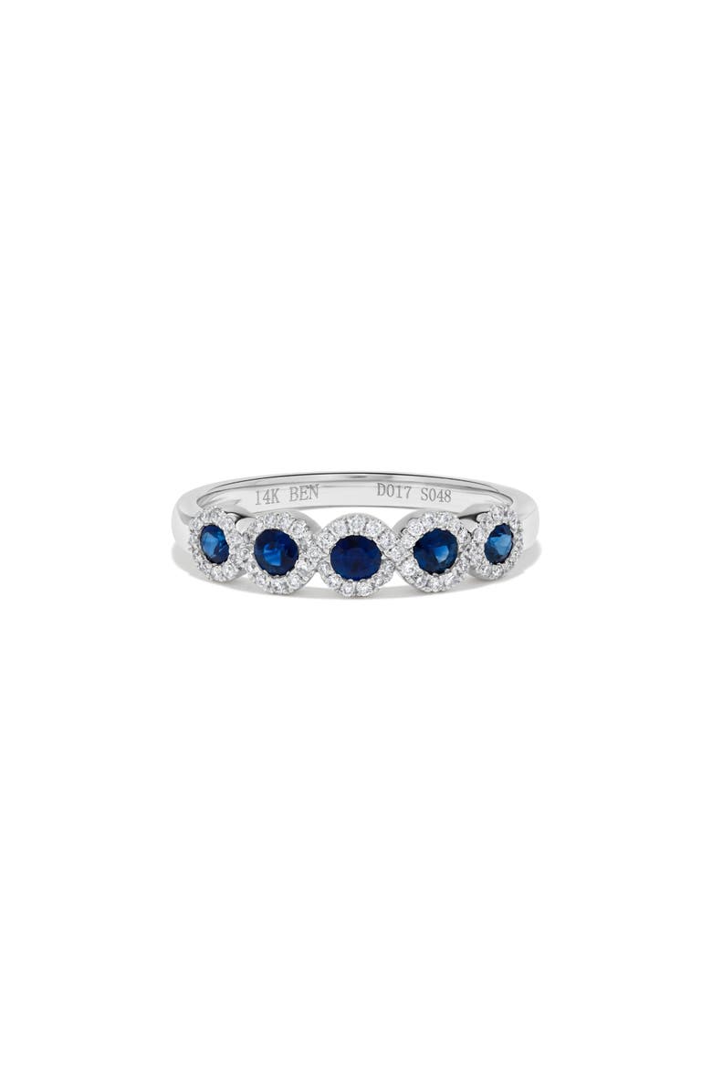 Five Stone Flush Halo Sapphire & Diamond Ring in 14K White Gold, Main, color, 14K White Gold