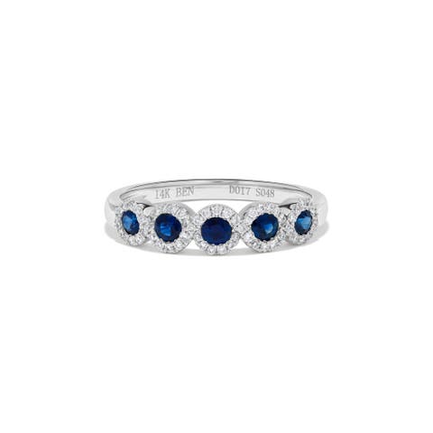Five Stone Flush Halo Sapphire & Diamond Ring in 14K White Gold