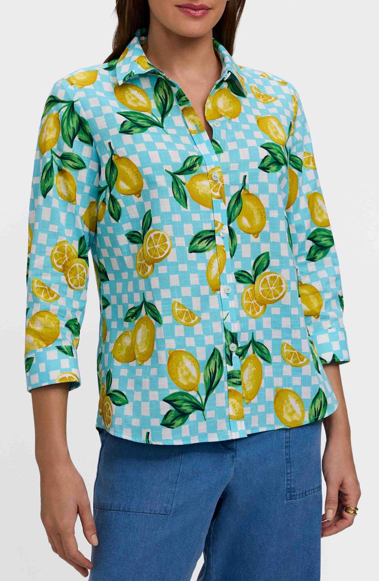 Foxcroft Hampton Lemon Linen Blend Shirt, Main, color, Blue Multi