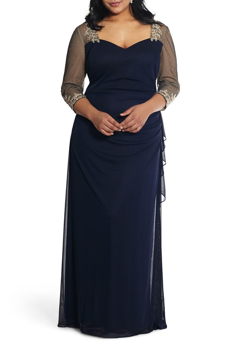 Xscape Embellished Illusion Sleeve Ruched Gown, Main, color, NAVY/ GOLD