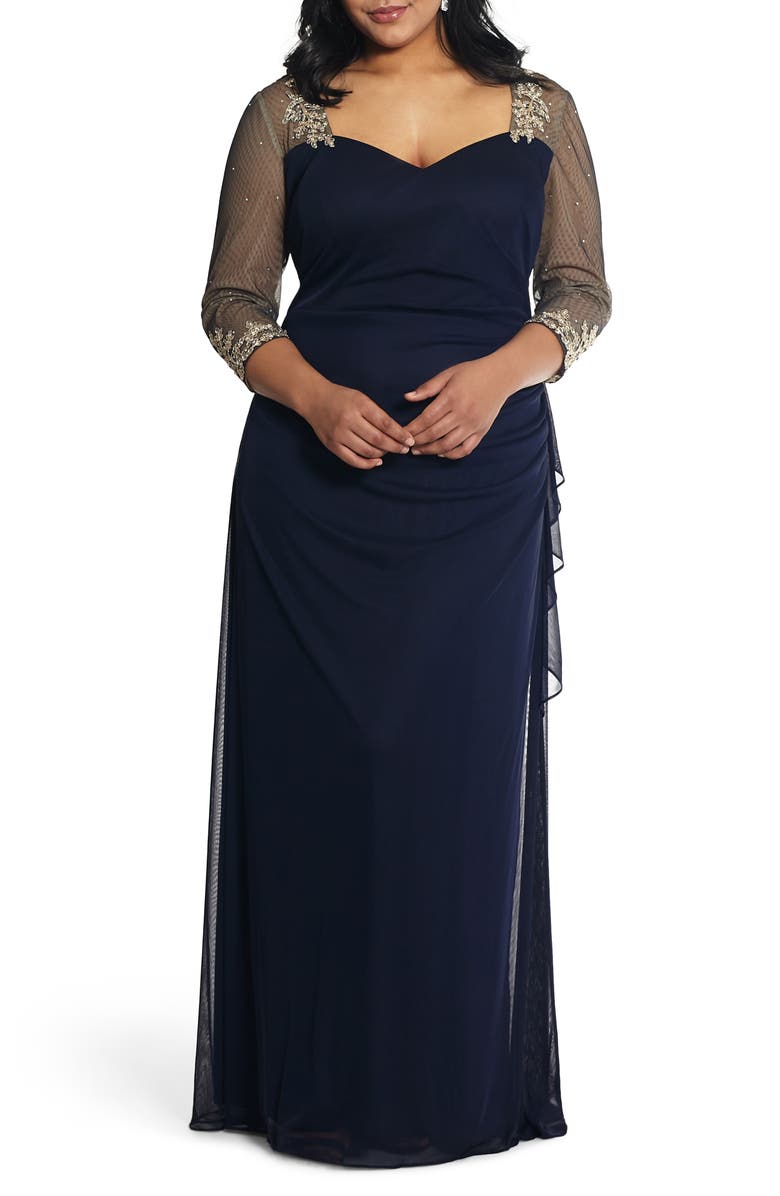 Xscape Evenings Xscape Embellished Illusion Sleeve Ruched Gown, Main, color,