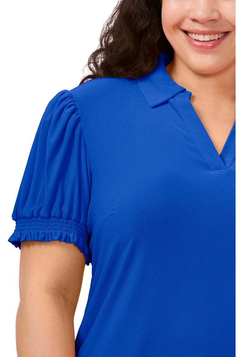 Puff Sleeve Spread Collar Crepe Knit Top, Alternate, color, DP ROYAL BLUE