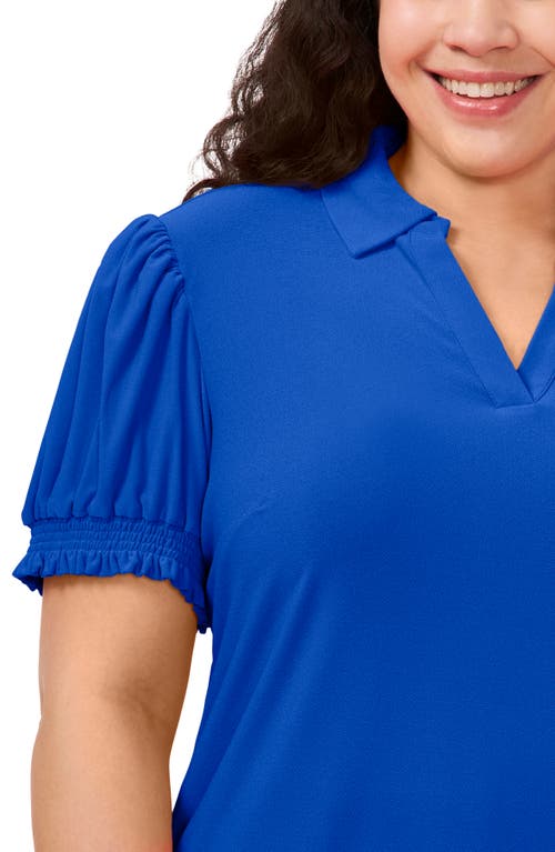 Cece Puff Sleeve Spread Collar Crepe Knit Top In Dp Royal Blue