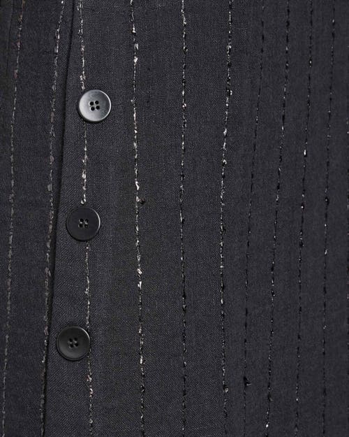 Santorelli Serafinashort Sleeve Midi Shift Dress With Side Skirt Buttons In Metallic Striped Linen In Black