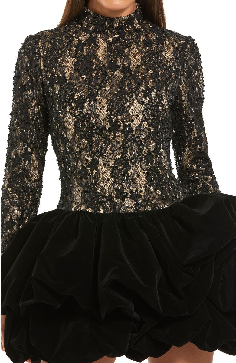 Mac Duggal Mock Neck Long Sleeve Lace And Velvet Mini Dress, Alternate, color, Black