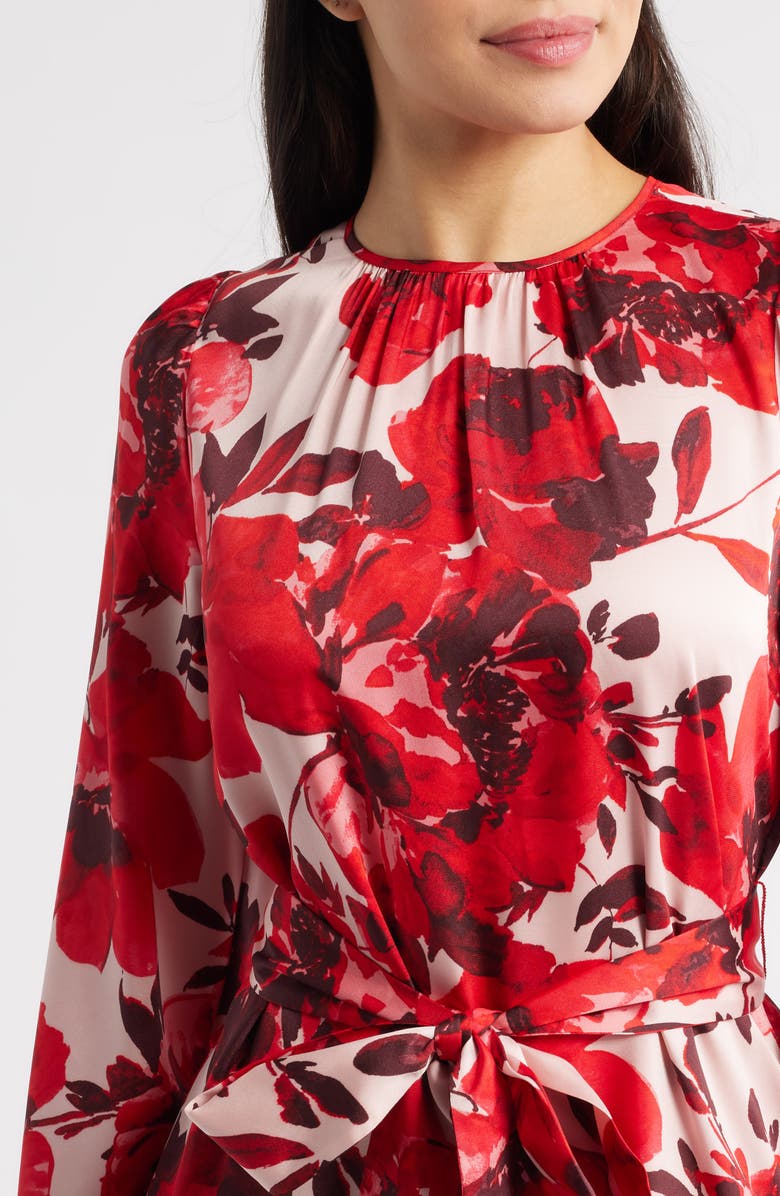 Anne Klein Floral Tiered Tie Waist Dress, Alternate, color, Rose Mist Multi