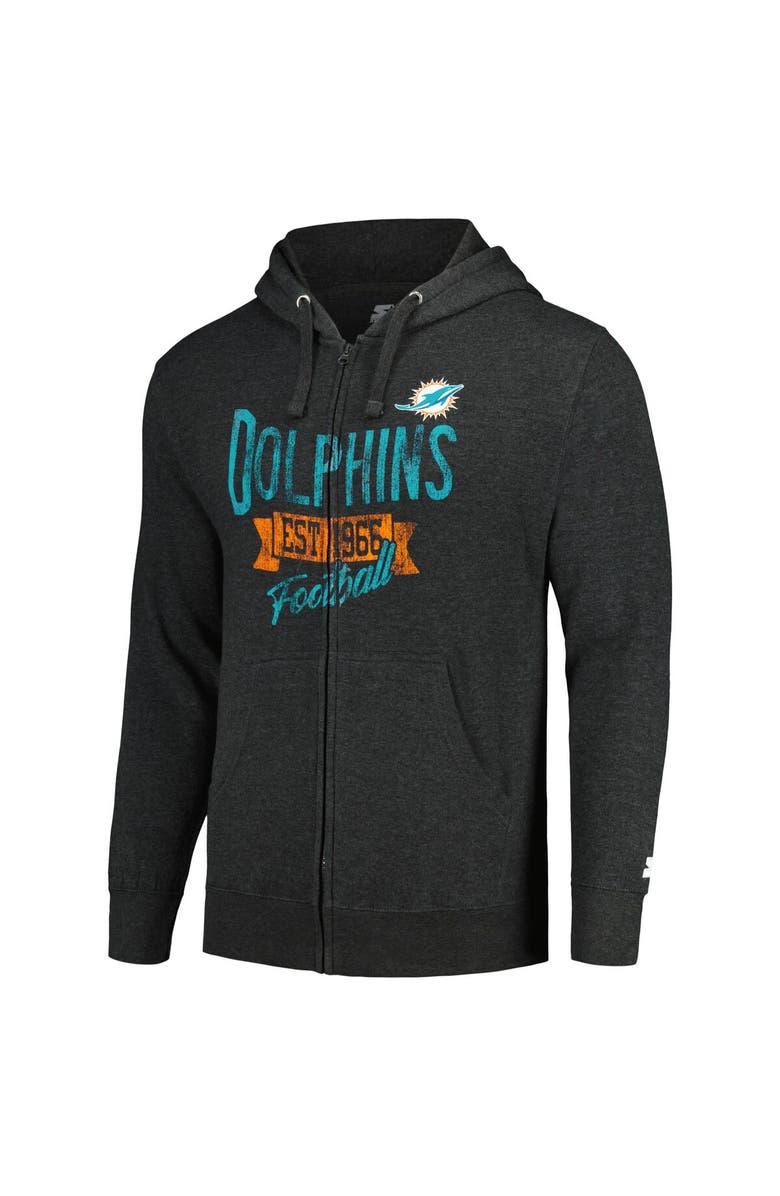 STARTER Men's Starter Heather Charcoal Miami Dolphins Primary Logo Full-Zip Hoodie Jacket, Alternate, color, 