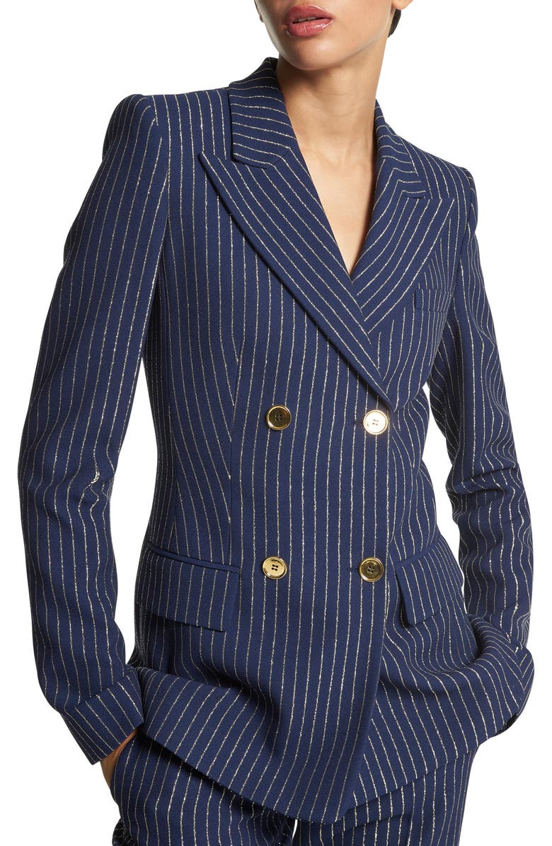 Michael Kors Collection Metallic Pinstripe Double Breasted Crepe Blazer, Main, color, 