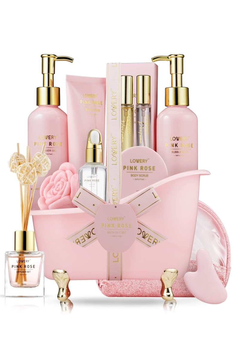 Lovery Luxury Spa Kit, 18Pc Relaxing Basket With Perfumes, Gua Sha And More, Main, color, Pink Rose