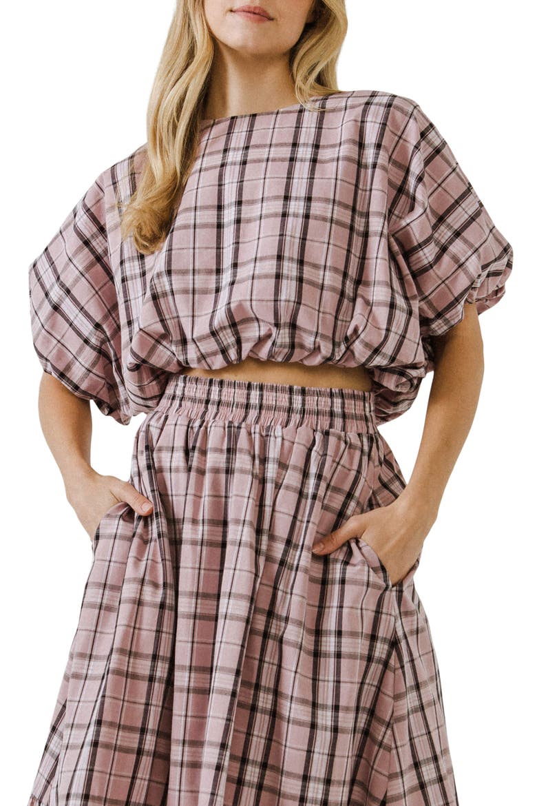 Plaid Puff Sleeve Crop Top, Main, color, PINK MULTI
