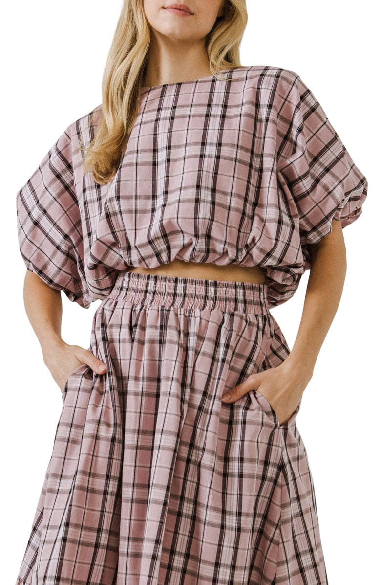 English Factory Plaid Puff Sleeve Crop Top, Main, color, Pink Multi