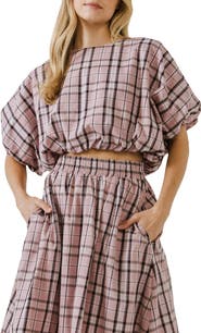 English Factory Plaid Puff Sleeve Crop Top