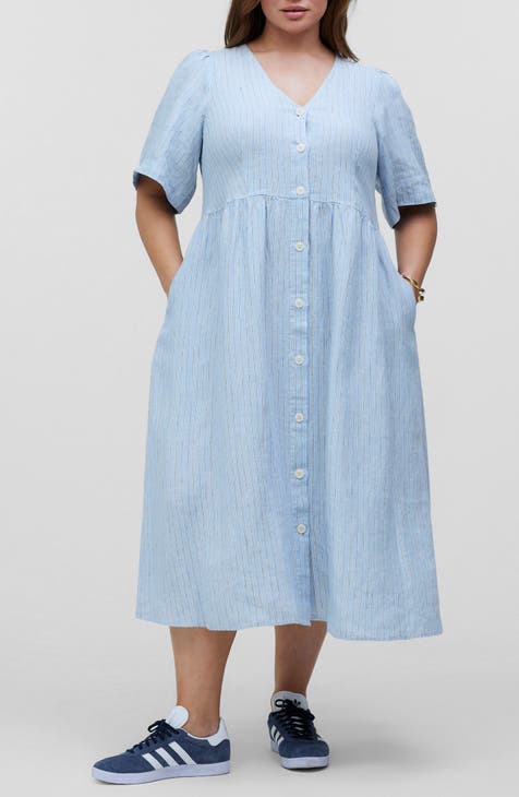 Cassie Button Front Linen Midi Dress (Plus)