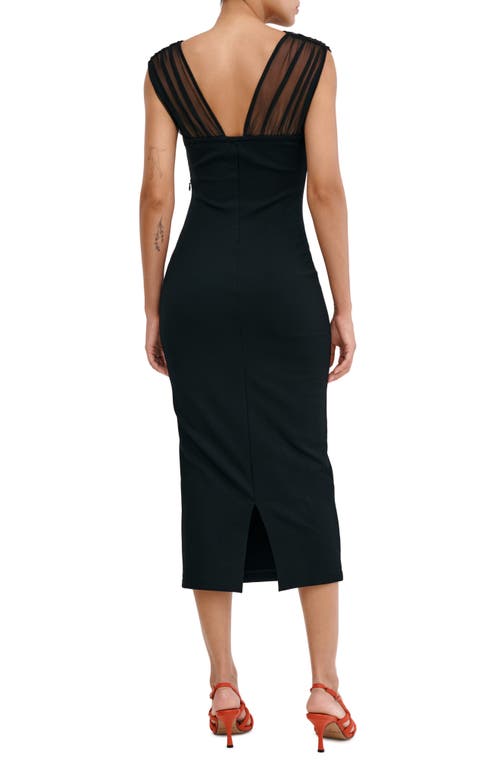 Marcella Waldorf Mesh Cross Neck Midi Dress In Black