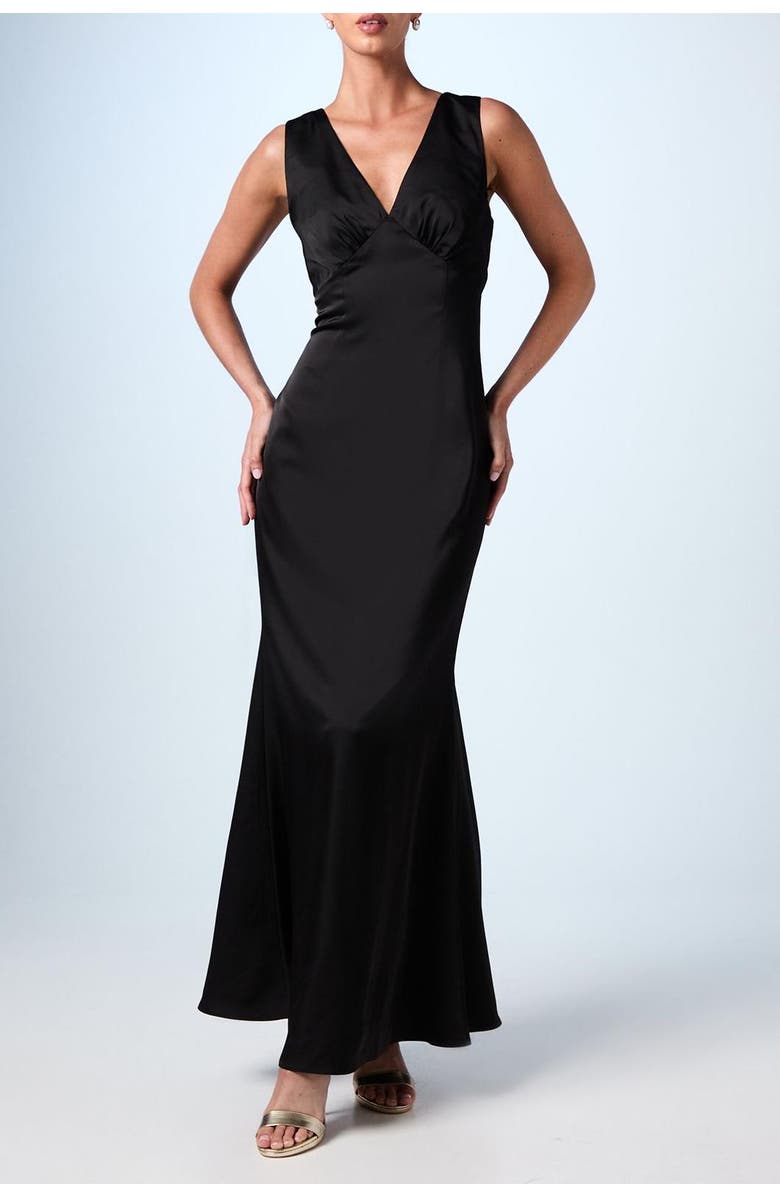 Coast Bow Back V-Neck Satin Bridesmaid Dress, Alternate, color, Black