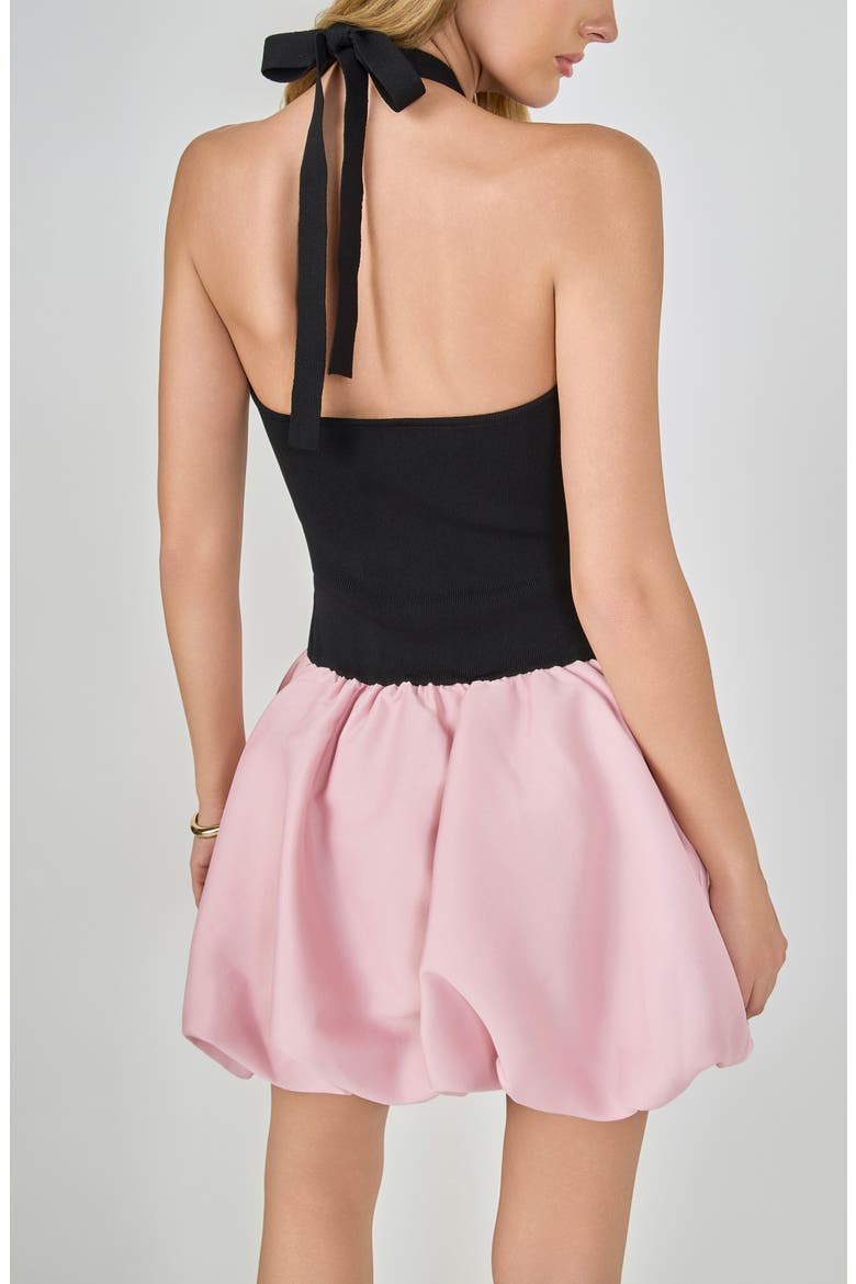 Mixed Media Halter Neck Bubble Minidress, Alternate, color, BLACK/ PINK