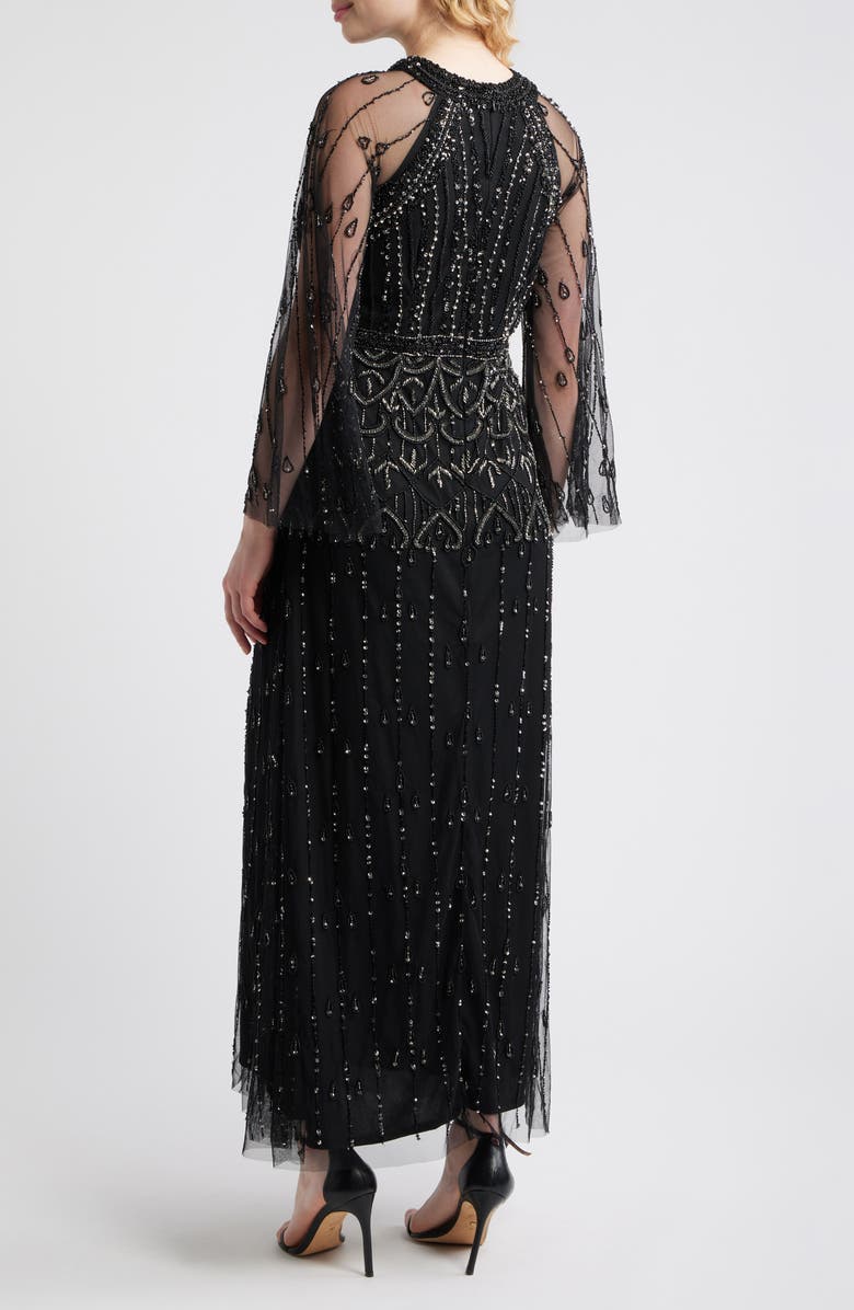 Pisarro Nights Illusion Long Sleeve Beaded A-Line Gown, Alternate, color, Black