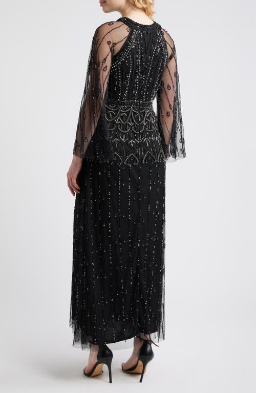 Pisarro Nights Illusion Long Sleeve Beaded A-line Gown In Black