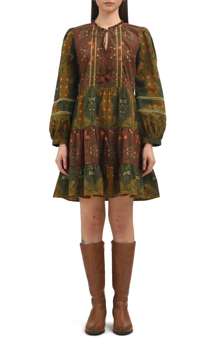 Celina Moon Floss Floral Long Sleeve Cotton Minidress, Main, color, Green