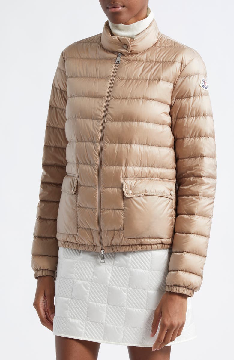 Moncler Lans Channel Quilted Down Moto Jacket, Alternate, color, Faded Beige