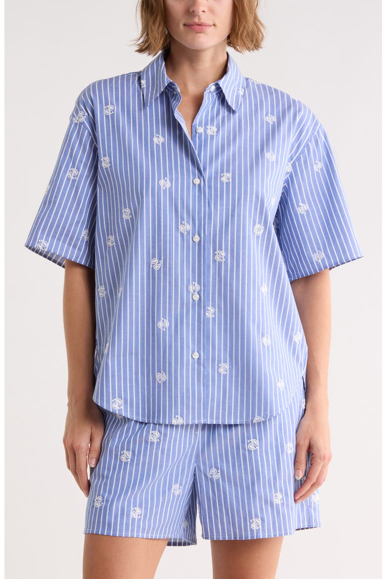 Ella Oversize Embroidered Short Sleeve Button-Up Shirt, Main, color, BLUE MULTI