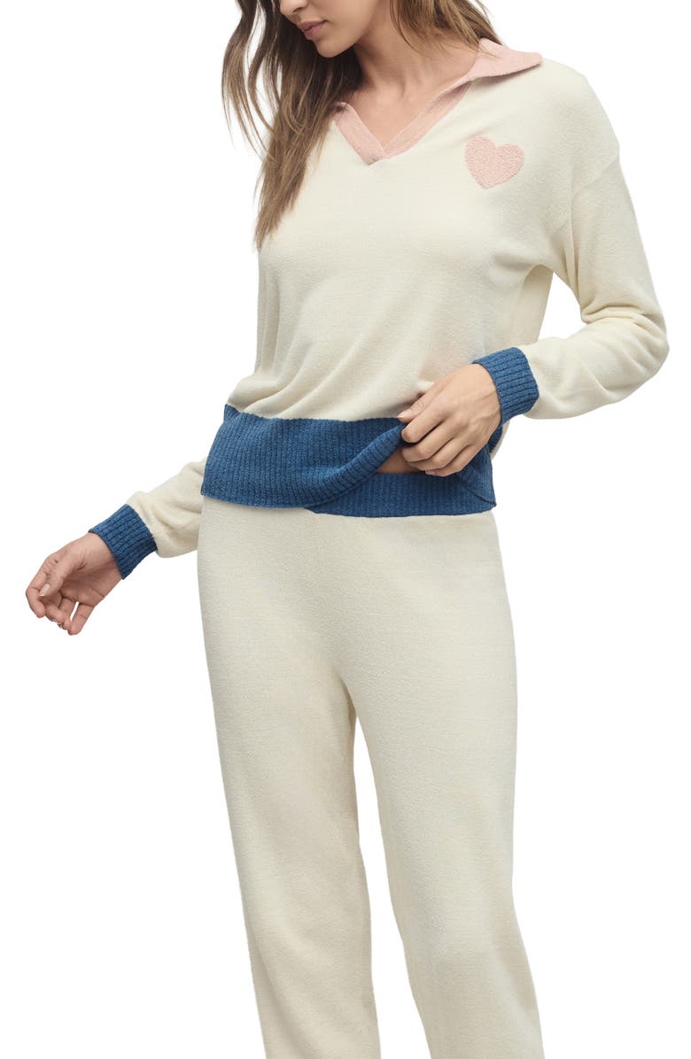 Barefoot Dreams<sup>®</sup> CozyChic<sup>®</sup> Ultra Lite<sup>®</sup> Heart Accent Johnny Collar Lounge Top, Alternate, color, Cream Multi