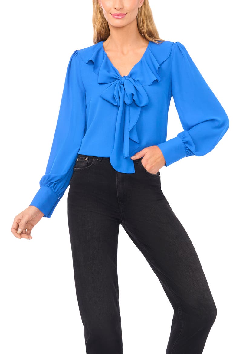 Ruffle Tie Neck Long Sleeve Georgette Top, Main, color, COBALT PETAL