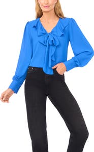 CeCe Ruffle Tie Neck Long Sleeve Georgette Top
