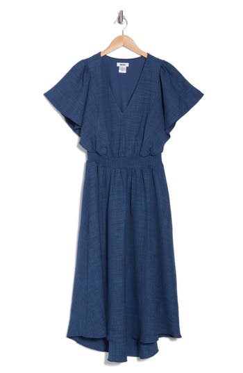 Shop Dkny Flutter Sleeve Smocked Waist Fit & Flare Dress In Denim