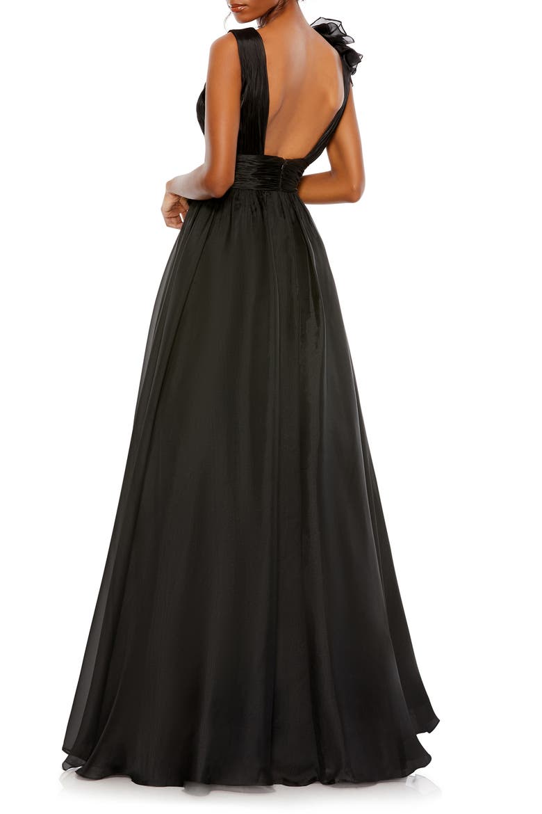 Ruffle Shoulder V-Neck Chiffon Gown, Alternate, color, BLACK