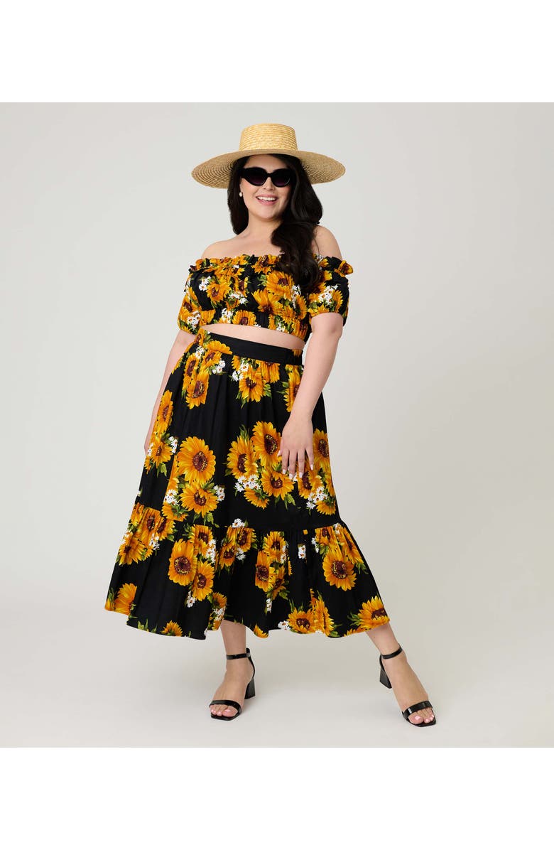 Unique Vintage Plus Size 1950s Tiered Midi Skirt, Alternate, color, Black Sunflower Print