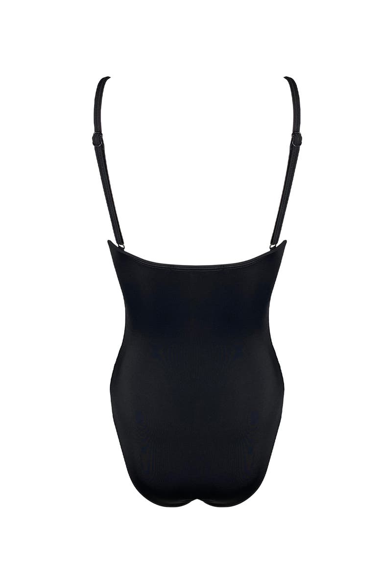 Minimalist Pearl-Accented Scalloped Neckline One-Piece Swimsuit, Alternate, color, Black