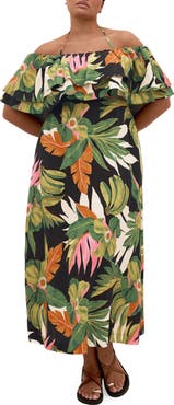 City Chic Paradiso Print Tie Neck Maxi Dress