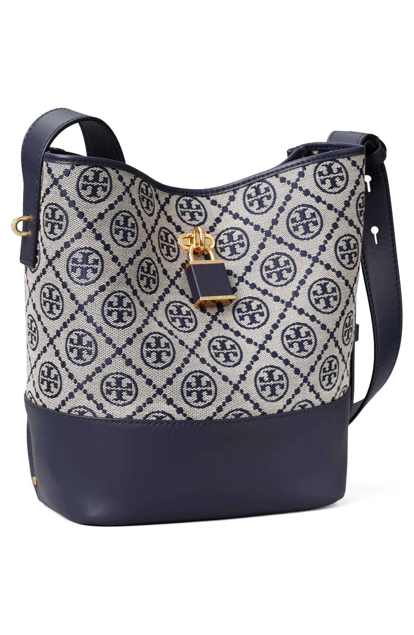 Tory Burch Medium Lock T Monogram Bucket Bag, Alternate, color, Tory Navy