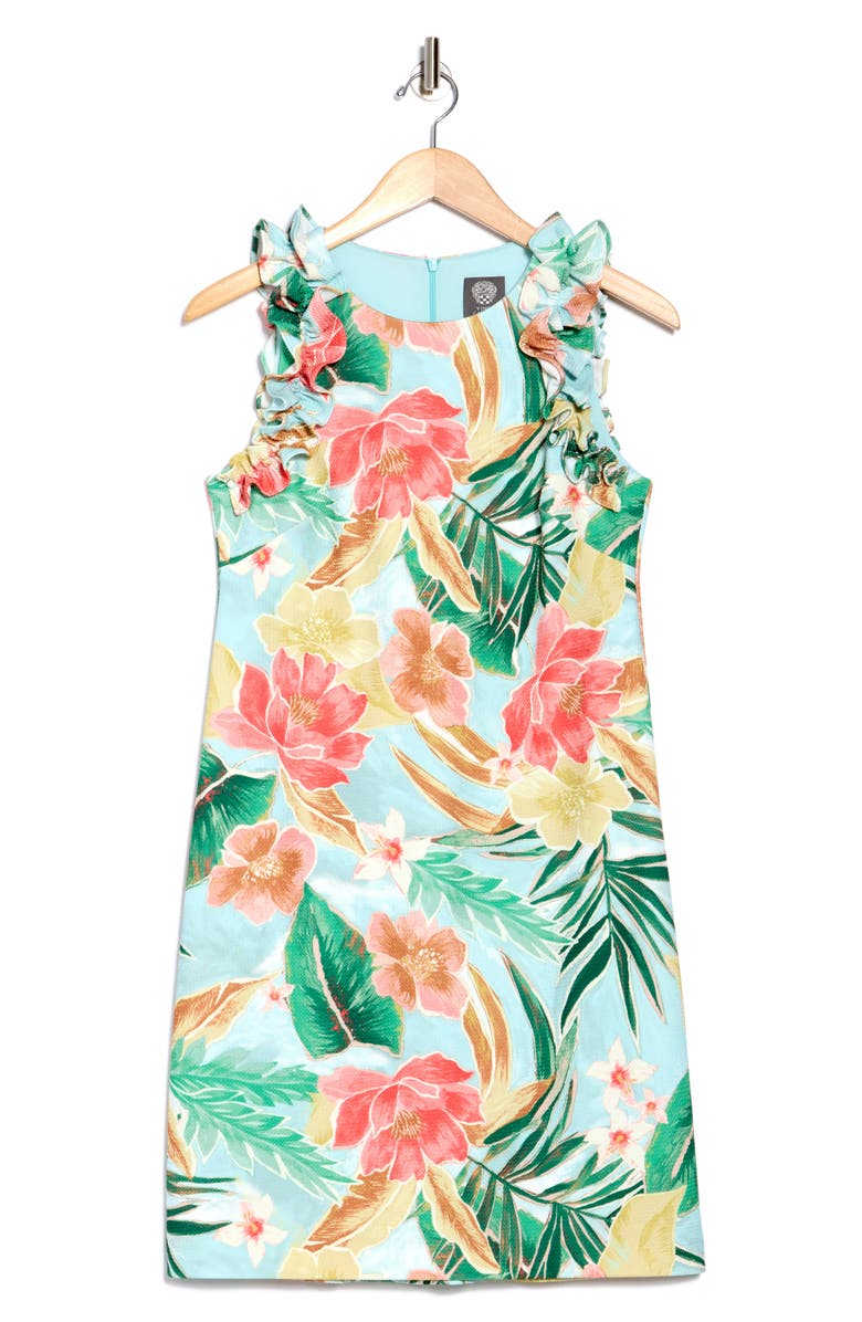 Vince Camuto Hopsack Ruffle Sleeveless Shift Dress, Alternate, color, Aqua Multi