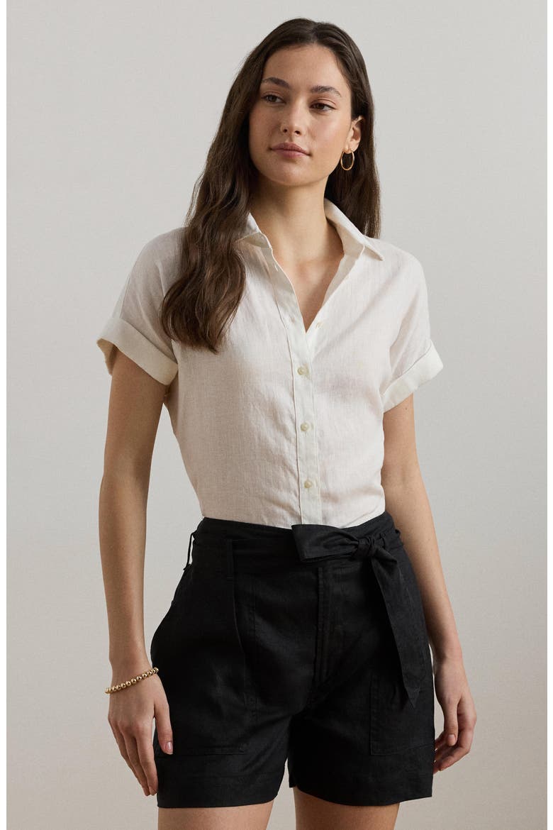 Short Sleeve Linen Button-Up Shirt, Alternate, color, WHITE