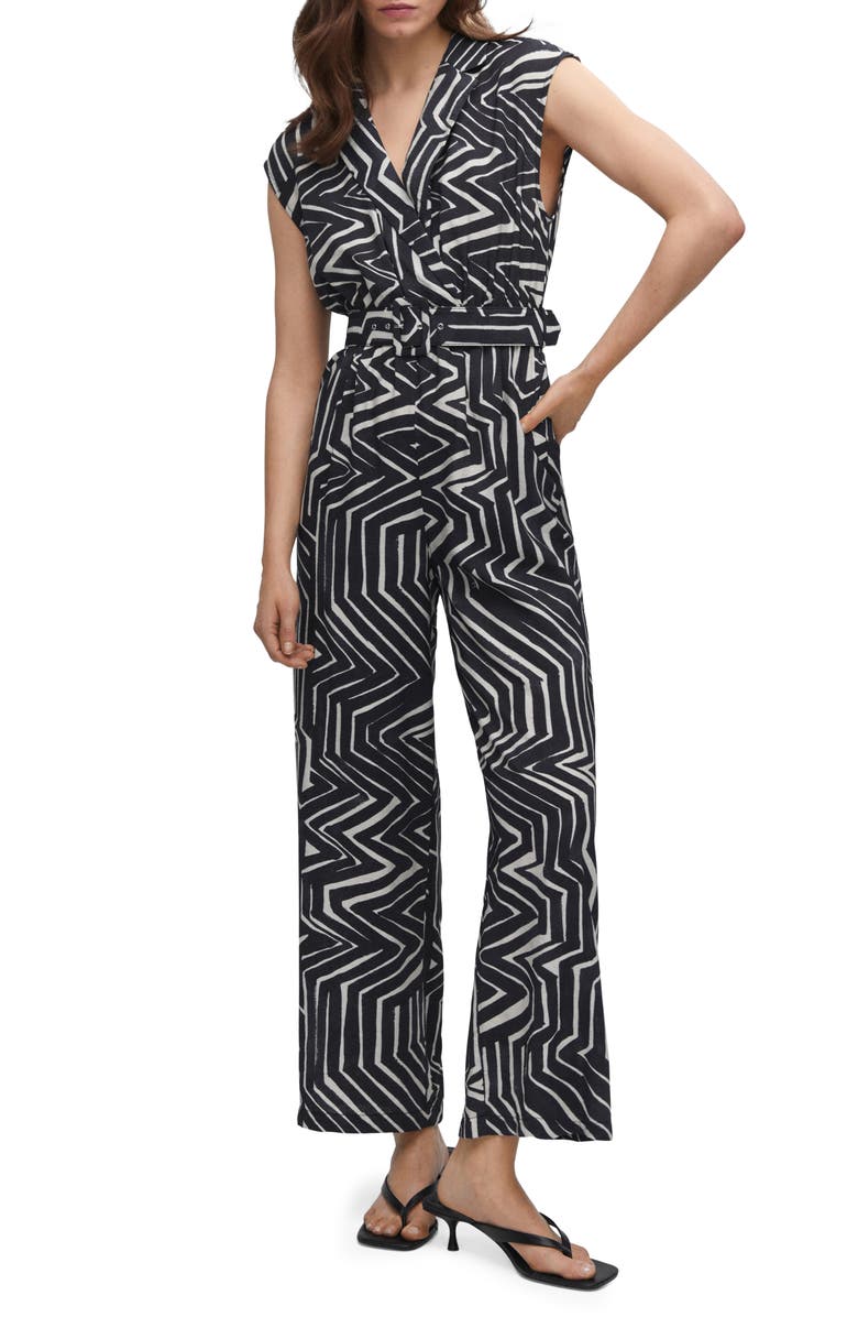 MANGO Belted Geometric Print Jumpsuit, Main, color,