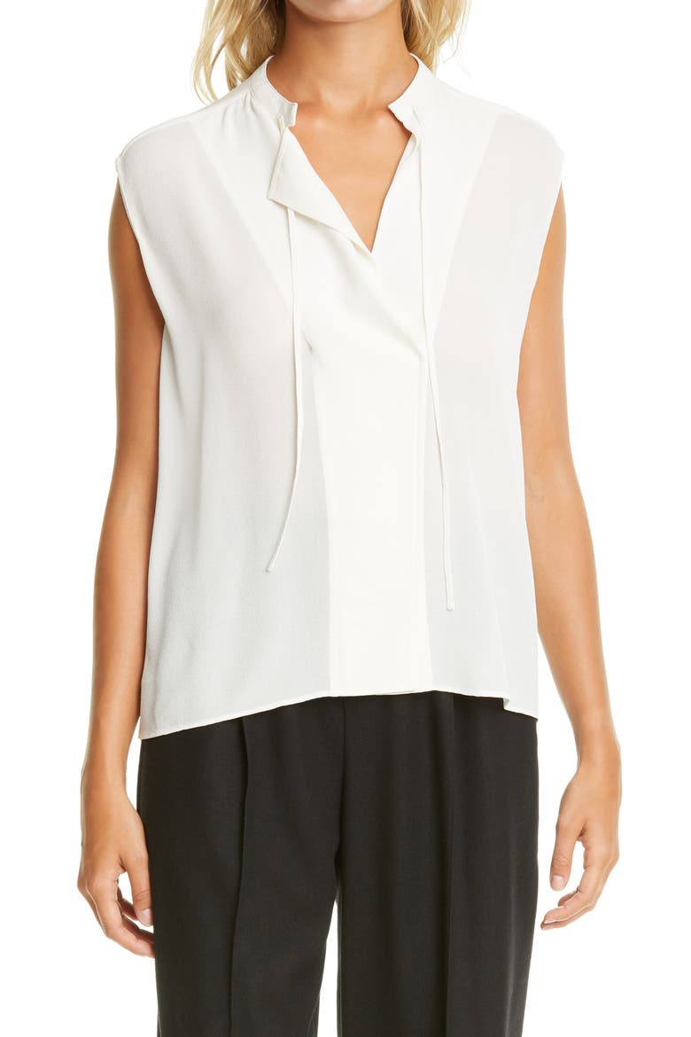 Tie Neck Sleeveless Silk Blouse, Main, color, OFF WHITE
